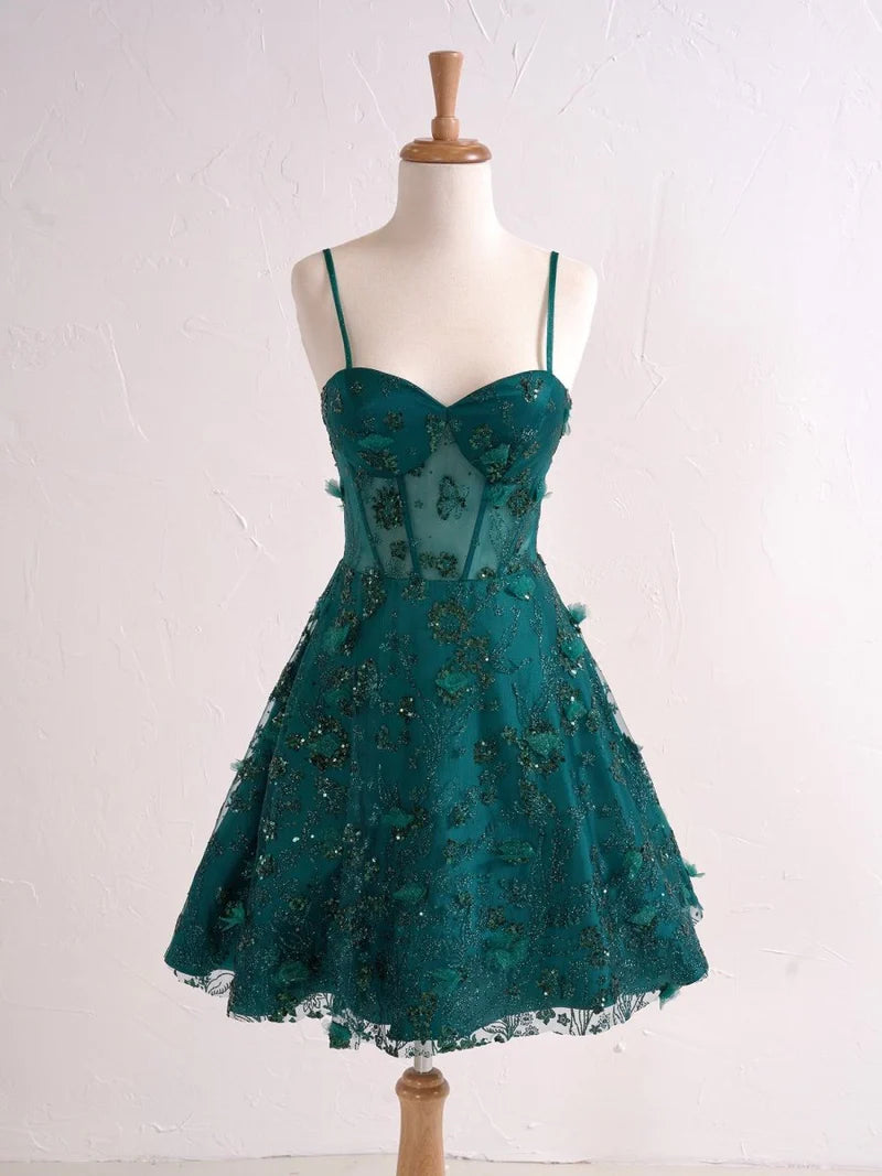 Gorgeous Green Spaghetti Straps A-Line Tulle Applique Short Prom Dresses Homecoming Dress with Sequins RF0727