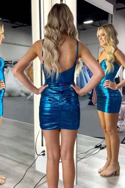 Sexy Blue Spaghetti Strap Bodycon Glitter Satin Short Prom Dresses Homecoming Dress RF0728