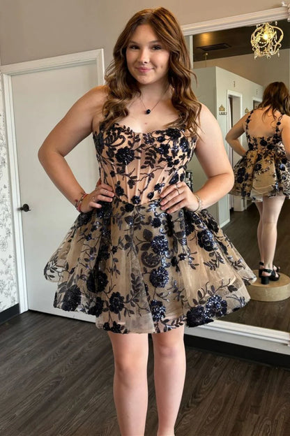 Pretty Champagne Spaghetti Straps A-Line Tulle Applique Short Prom Dresses Homecoming Dress RF0729
