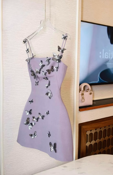 Gentle Purple Spaghetti Straps Bodycon Satin Short Prom Dresses Homecoming Dress RF0734