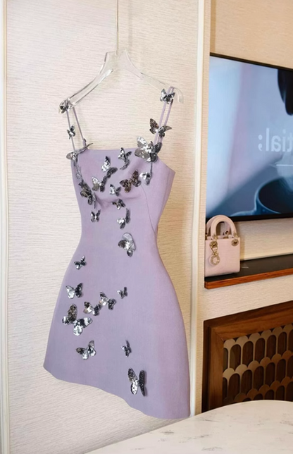 Gentle Purple Spaghetti Straps Bodycon Satin Short Prom Dresses Homecoming Dress RF0734