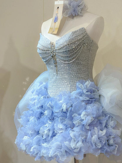 Gorgeous Blue Strapless A-Line Beaded Tulle Short Prom Dresses Homecoming Dress with Appliques RF0738