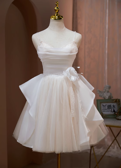 Pretty White Spaghetti Straps A-Line Tulle Short Prom Dresses Homecoming Dress RF0740