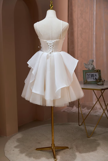 Pretty White Spaghetti Straps A-Line Tulle Short Prom Dresses Homecoming Dress RF0740