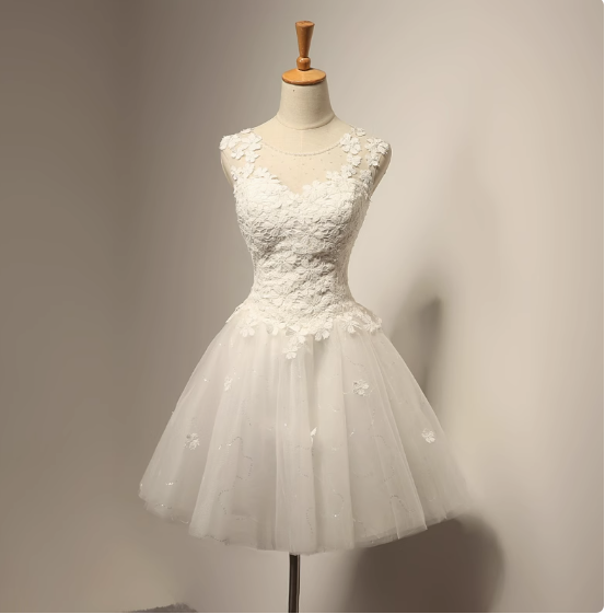 Simple White Round Neck A-Line Tulle Applique Short Prom Dresses Bridesmaid Dress RF0741