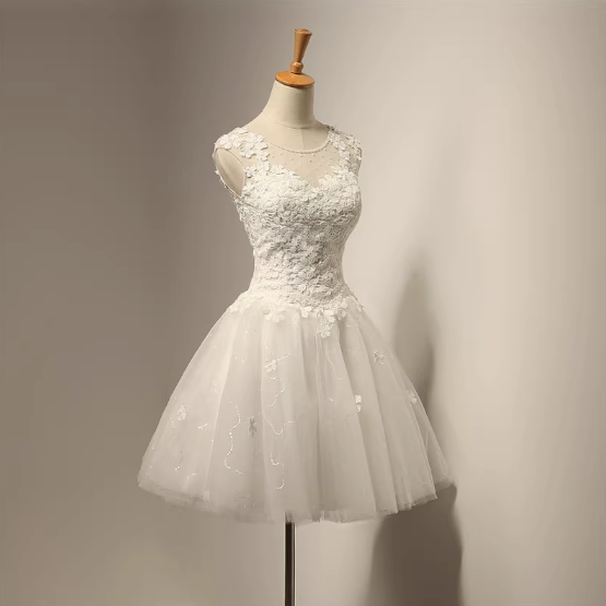 Simple White Round Neck A-Line Tulle Applique Short Prom Dresses Bridesmaid Dress RF0741