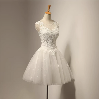 Simple White Round Neck A-Line Tulle Applique Short Prom Dresses Bridesmaid Dress RF0741