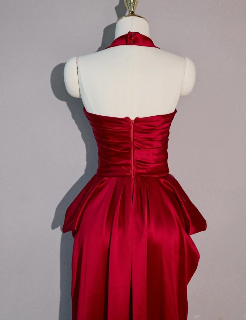 Glam Red Halter Neck Sheath Satin Long Prom Dresses Formal Evening Dress RF0743