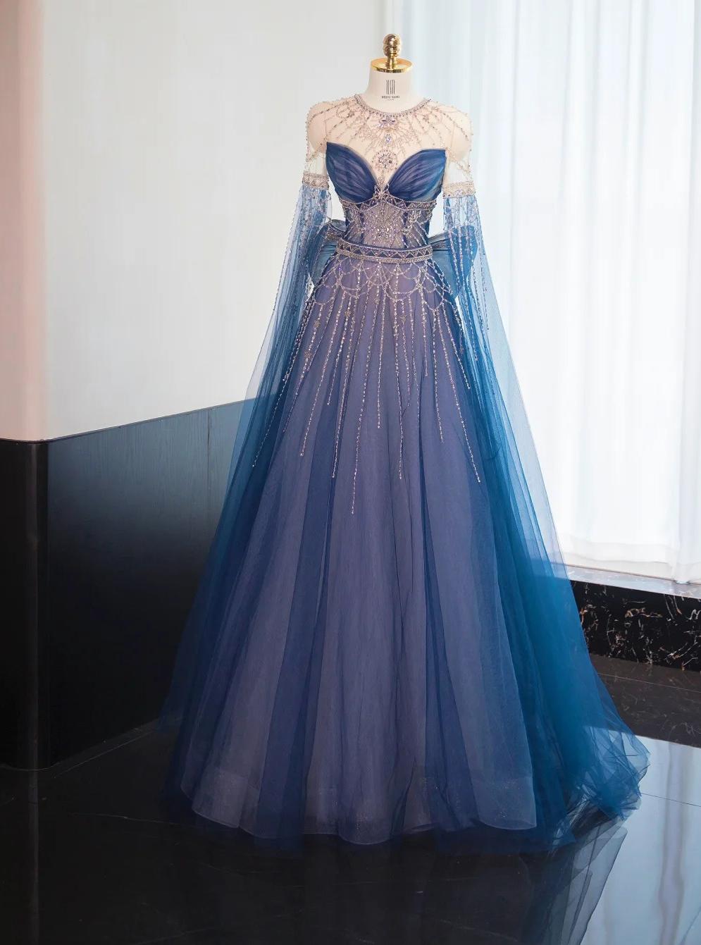 Gorgeous Navy Blue Crew Neck A-Line Tulle Beading Long Prom Dresses Formal Evening Dress RF0744
