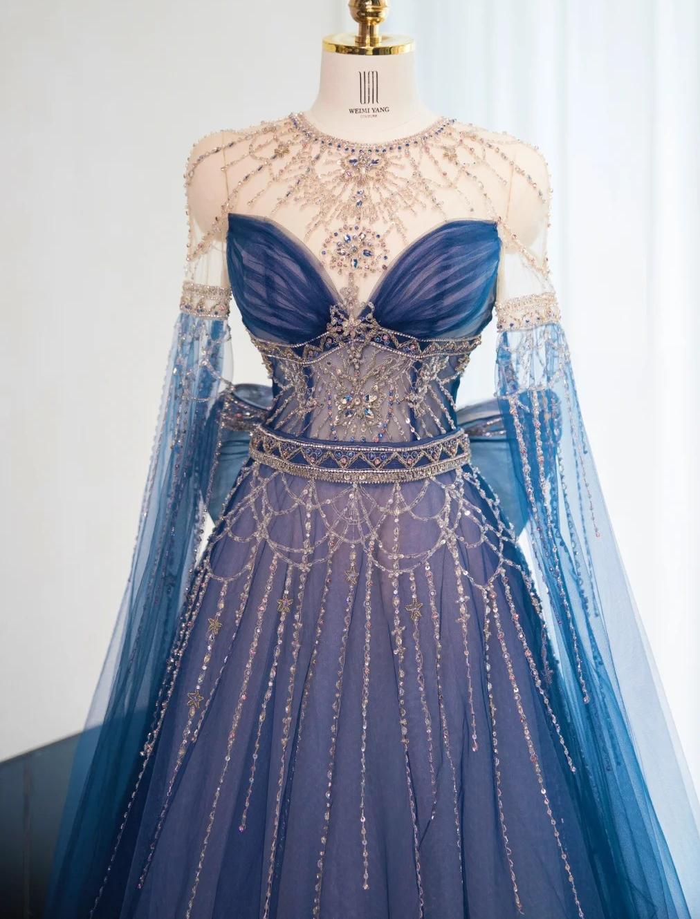 Gorgeous Navy Blue Crew Neck A-Line Tulle Beading Long Prom Dresses Formal Evening Dress RF0744
