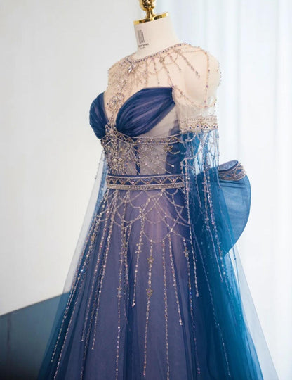 Gorgeous Navy Blue Crew Neck A-Line Tulle Beading Long Prom Dresses Formal Evening Dress RF0744
