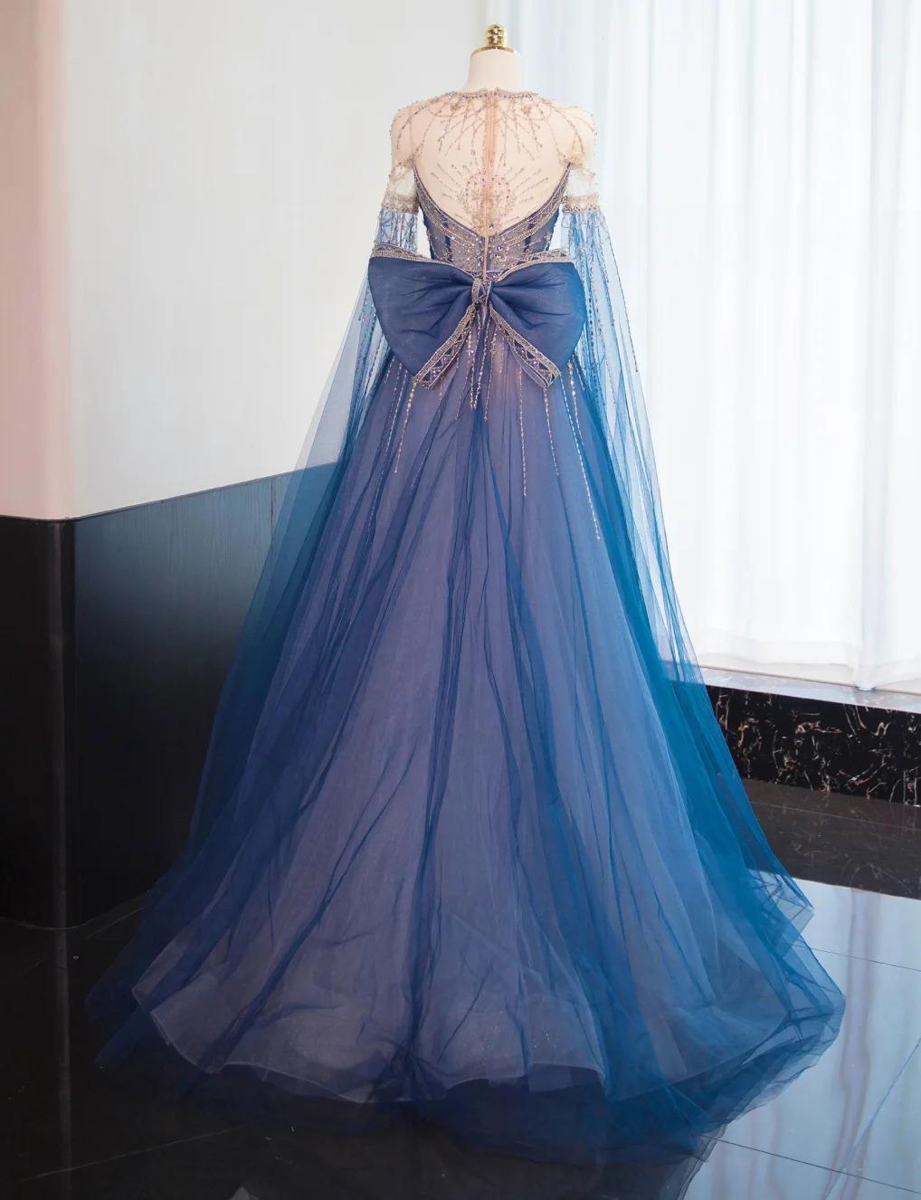 Gorgeous Navy Blue Crew Neck A-Line Tulle Beading Long Prom Dresses Formal Evening Dress RF0744