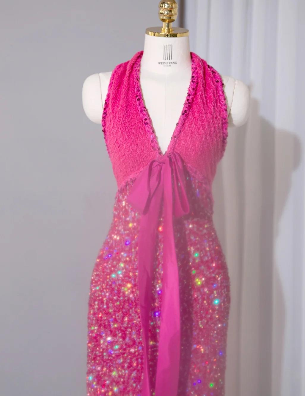 Gorgeous Fuchsia V-neck Sheath Lace Sequins Long Prom Dresses Formal Evening Dress RF0746