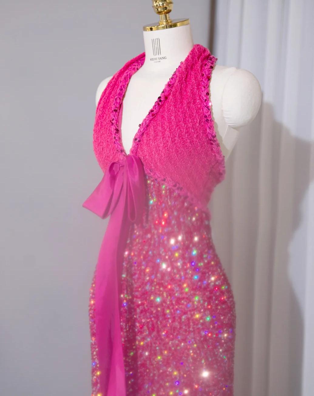 Gorgeous Fuchsia V-neck Sheath Lace Sequins Long Prom Dresses Formal Evening Dress RF0746