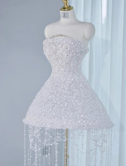 Gorgeous White Strapless A-line Tulle Beaded  Prom Dresses Homecoming Dress RF0748