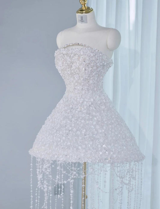 Gorgeous White Strapless A-line Tulle Beaded  Prom Dresses Homecoming Dress RF0748