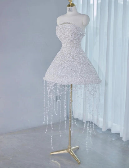 Gorgeous White Strapless A-line Tulle Beaded  Prom Dresses Homecoming Dress RF0748