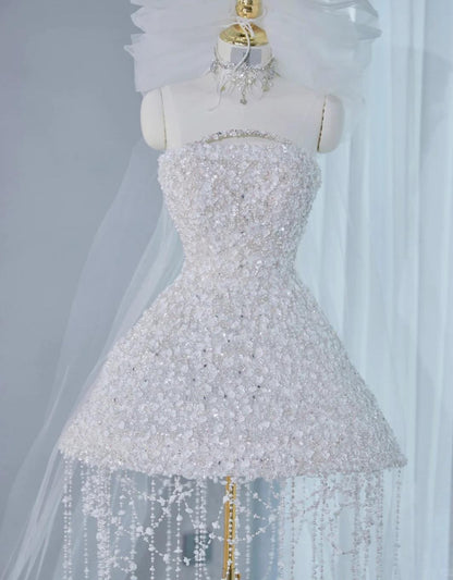 Gorgeous White Strapless A-line Tulle Beaded  Prom Dresses Homecoming Dress RF0748