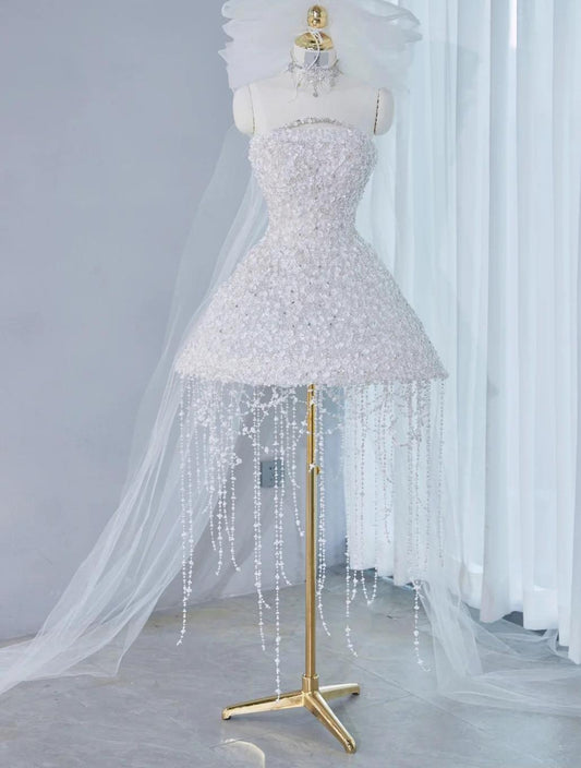 Gorgeous White Strapless A-line Tulle Beaded  Prom Dresses Homecoming Dress RF0748