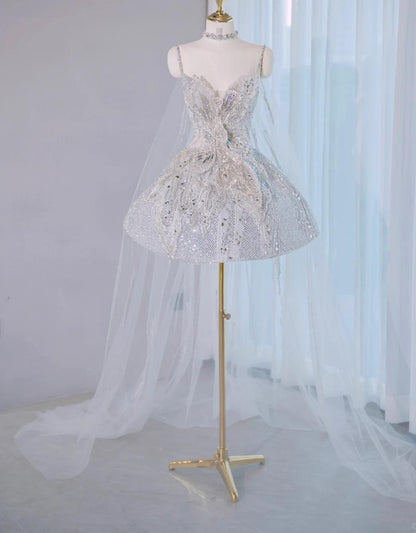 Stunning Silver Spaghetti Strap A-line Lace Beaded Short Prom Dresses Homecoming Dress with Bow RF0749