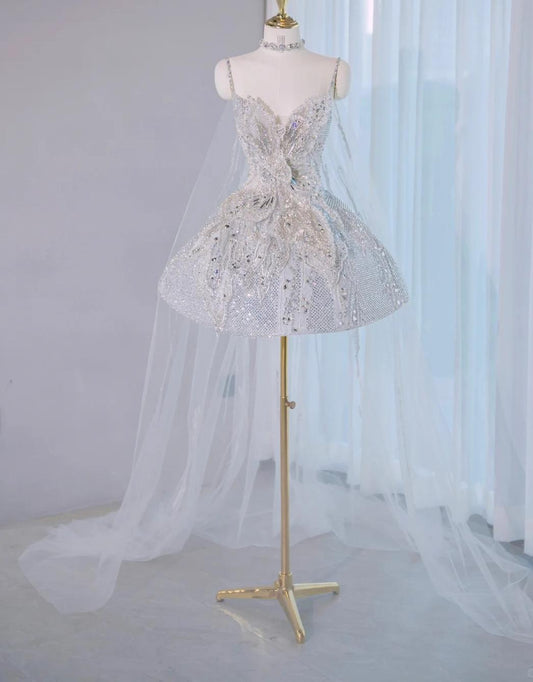 Stunning Silver Spaghetti Strap A-line Lace Beaded Short Prom Dresses Homecoming Dress with Bow RF0749