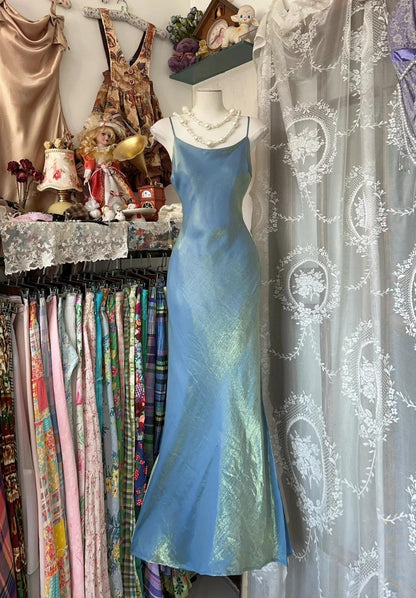 Vintage Glitter Blue Spaghetti Strap Sheath Satin Long Prom Dresses Formal Evening Dress RF0750
