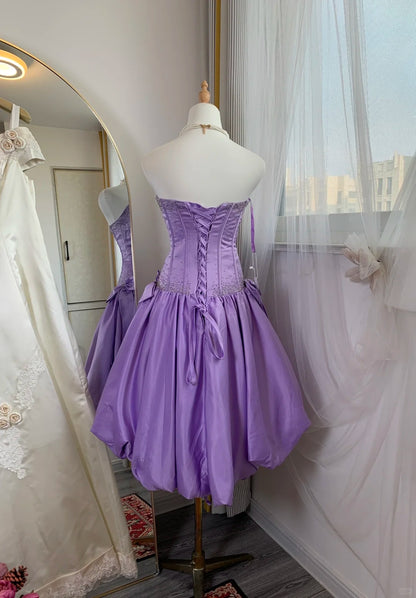 Vintage Purple Strapless A-Line Satin Beaded Short Prom Dresses Homecoming Dress RF0751