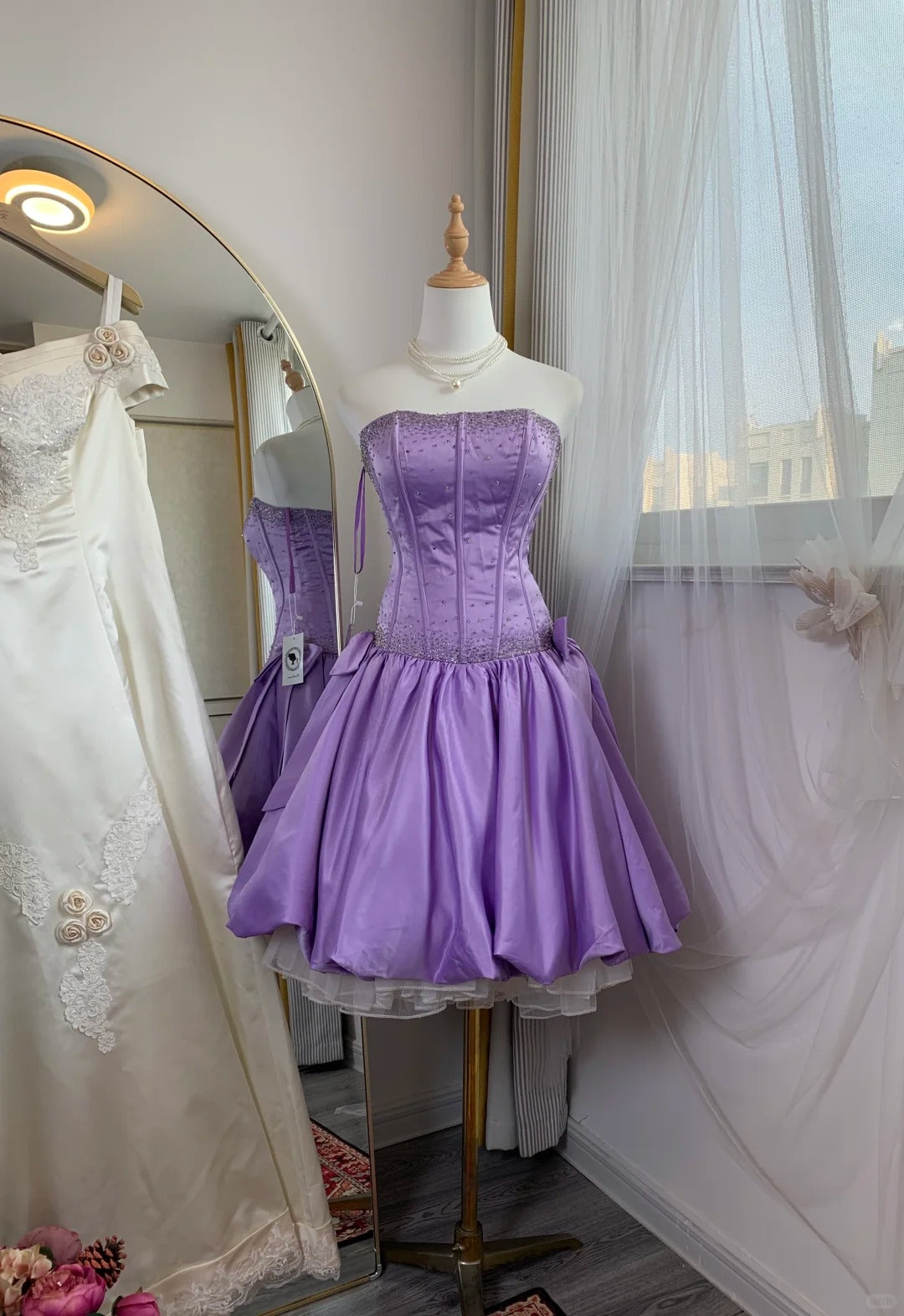 Vintage Purple Strapless A-Line Satin Beaded Short Prom Dresses Homecoming Dress RF0751