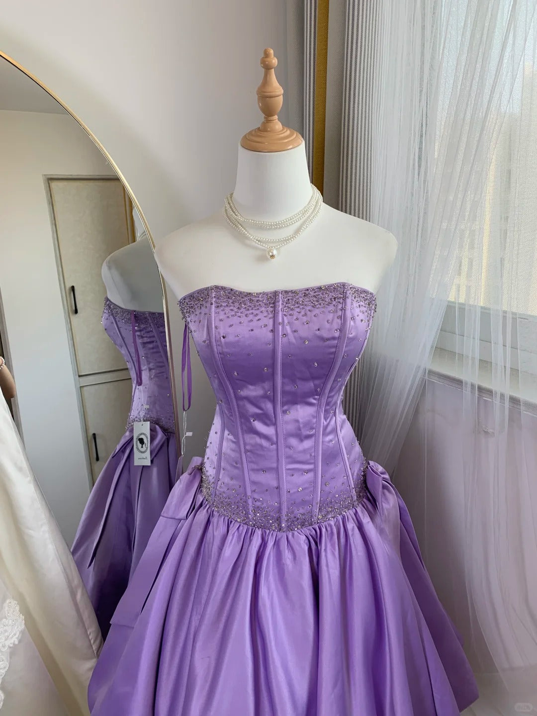 Vintage Purple Strapless A-Line Satin Beaded Short Prom Dresses Homecoming Dress RF0751