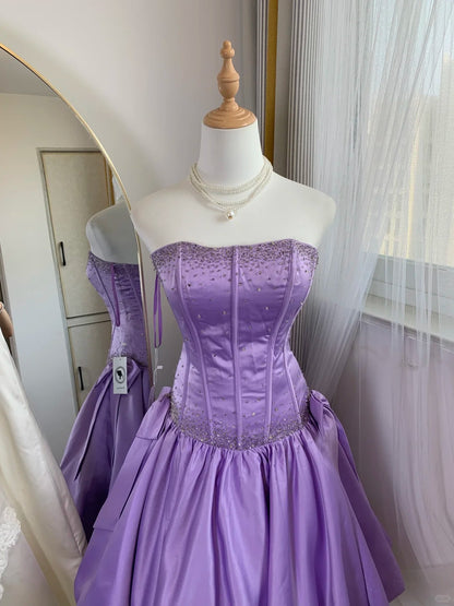 Vintage Purple Strapless A-Line Satin Beaded Short Prom Dresses Homecoming Dress RF0751