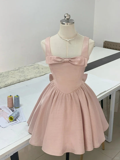 Sweet Pink Square Neck A-Line Satin Short  Party Dresses Homecoming Dress RF0752