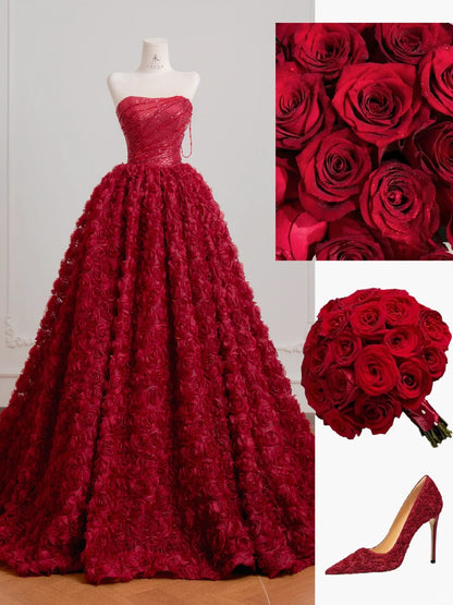 Stunning Burgundy Strapless A-Line Tulle Long Prom Dresses One-of-a-kind Wedding Dress with Appliques RF0757