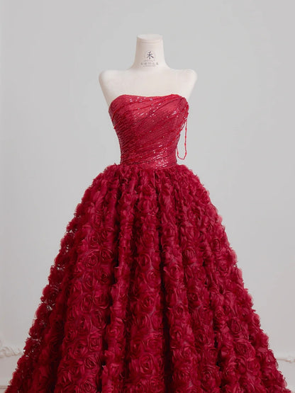 Stunning Burgundy Strapless A-Line Tulle Long Prom Dresses One-of-a-kind Wedding Dress with Appliques RF0757