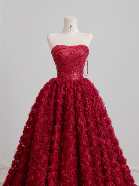 Stunning Burgundy Strapless A-Line Tulle Long Prom Dresses One-of-a-kind Wedding Dress with Appliques RF0757