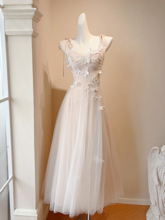 Sweet Spaghetti Straps A-Line Tulle Long Prom Dresses Birthday Evening Dress Gowns RF0758