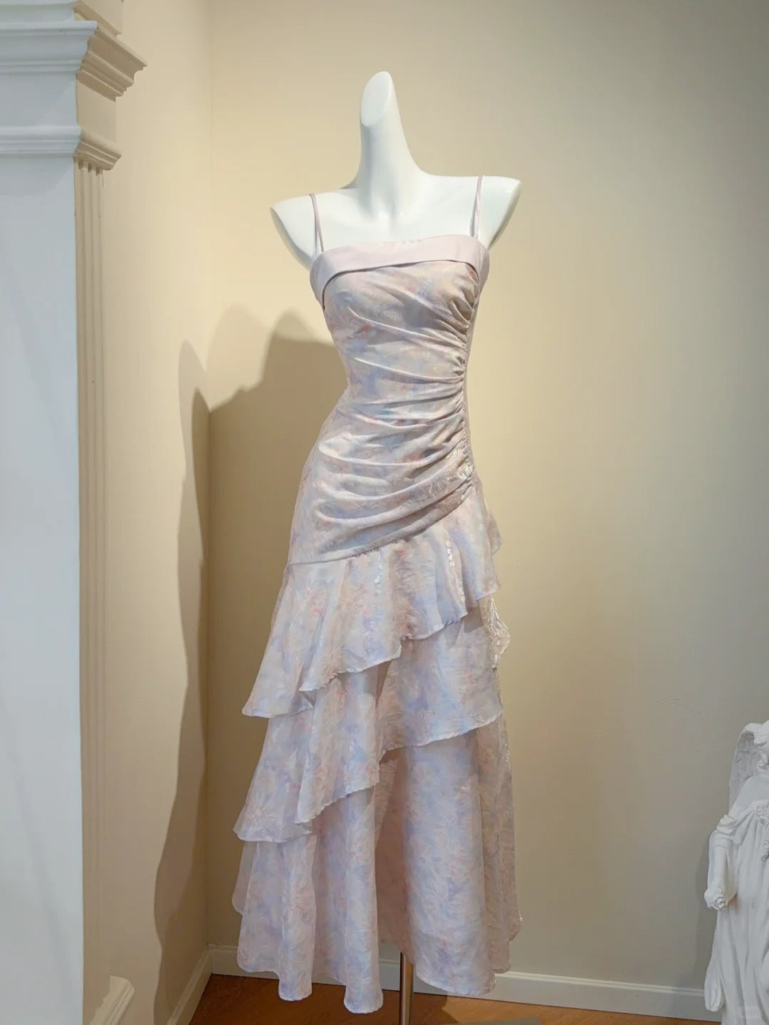 Gorgeous Spaghetti Strap A-Line Printed Chiffon Long Prom Dresses Evening Gowns with Ruffles RF0759