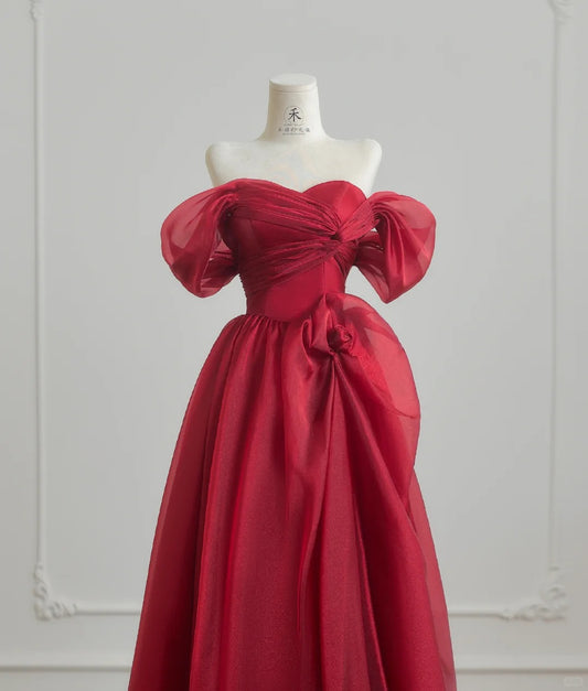 Glam Burgundy Off-the-shoulder A-Line Satin Tulle Long Prom Dresses Formal Evening Gowns RF0760