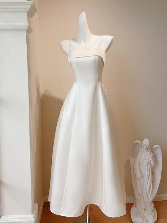 Sweet White Spaghetti Straps A-Line Satin Long Prom Dresses Formal Evening Gowns RF0761