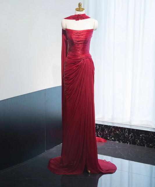 Elegant Burgundy Strapless A-Line Satin Pleated Long Prom Dresses Formal Evening Gowns RF0762