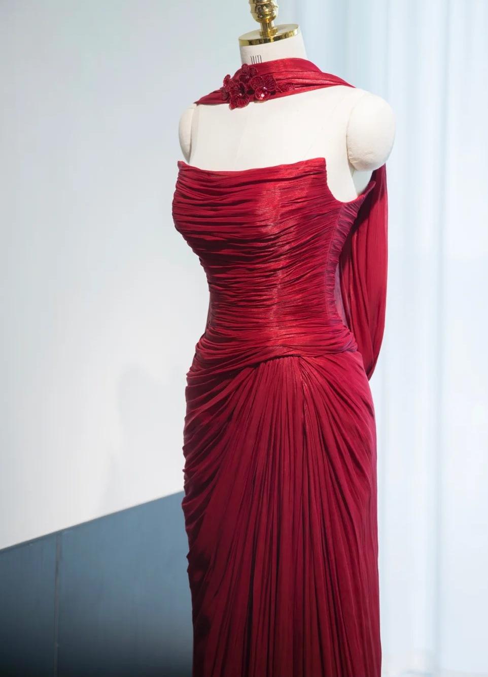 Elegant Burgundy Strapless A-Line Satin Pleated Long Prom Dresses Formal Evening Gowns RF0762