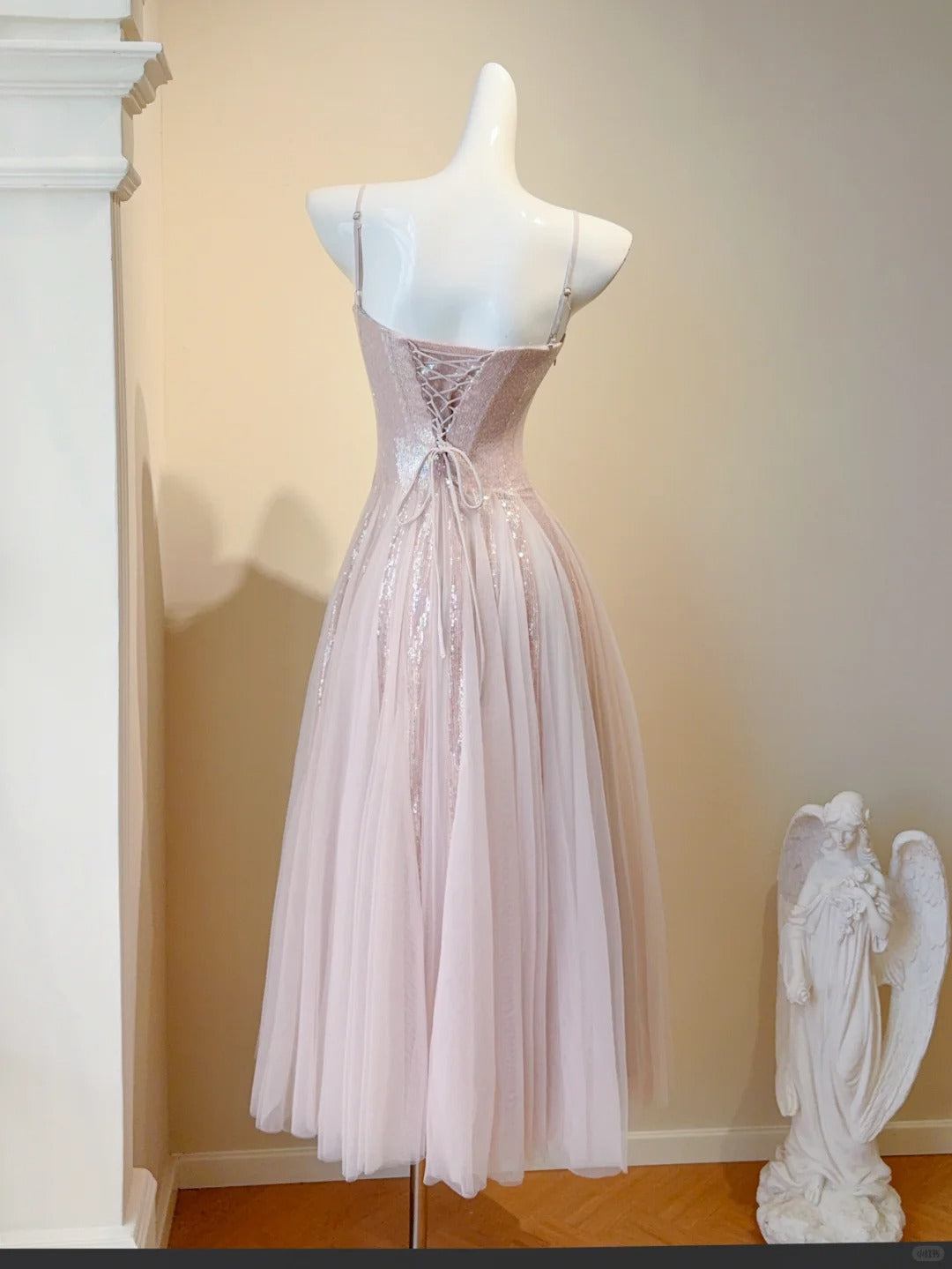 Sweet Blush Pink Spaghetti Straps A-Line Sequin Tulle Long Prom Dresses Birthday Evening Gowns RF0764