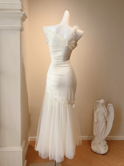 Elegant White Asymmetric Neck Mermaid Tulle Appliques Long Prom Dresses Formal Evening Gowns RF0765