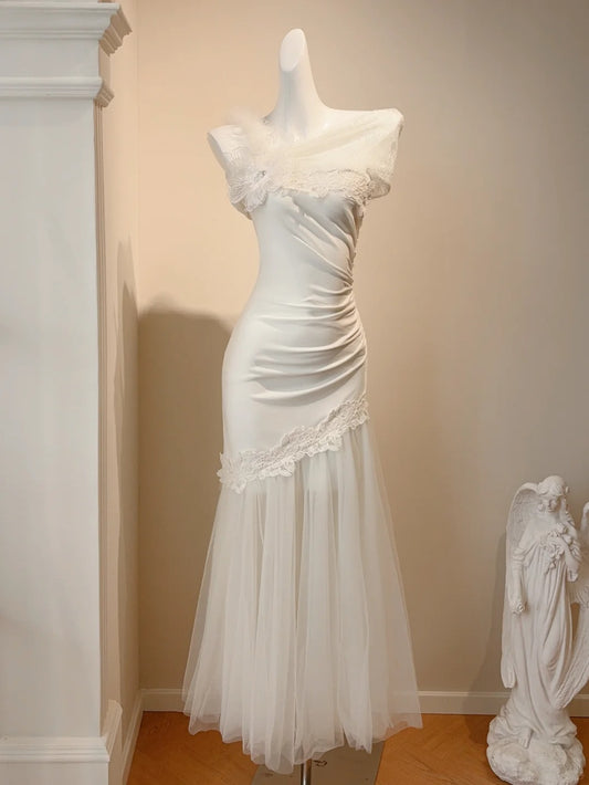 Elegant White Asymmetric Neck Mermaid Tulle Appliques Long Prom Dresses Formal Evening Gowns RF0765