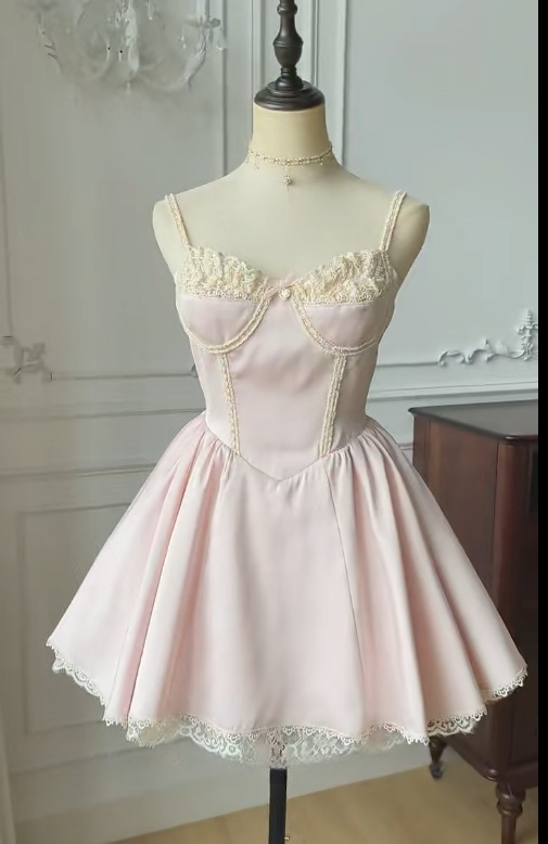 Cute Spaghetti Straps A-Line Lace Satin Short Prom Dresses Homecoming Dress RF0767