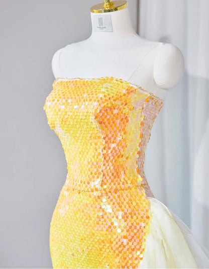 Gorgeous Bright Yellow Strapless Mermaid Sequined Tulle Long Prom Dresses Formal Evening Gowns  RF0770