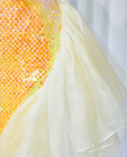 Gorgeous Bright Yellow Strapless Mermaid Sequined Tulle Long Prom Dresses Formal Evening Gowns  RF0770