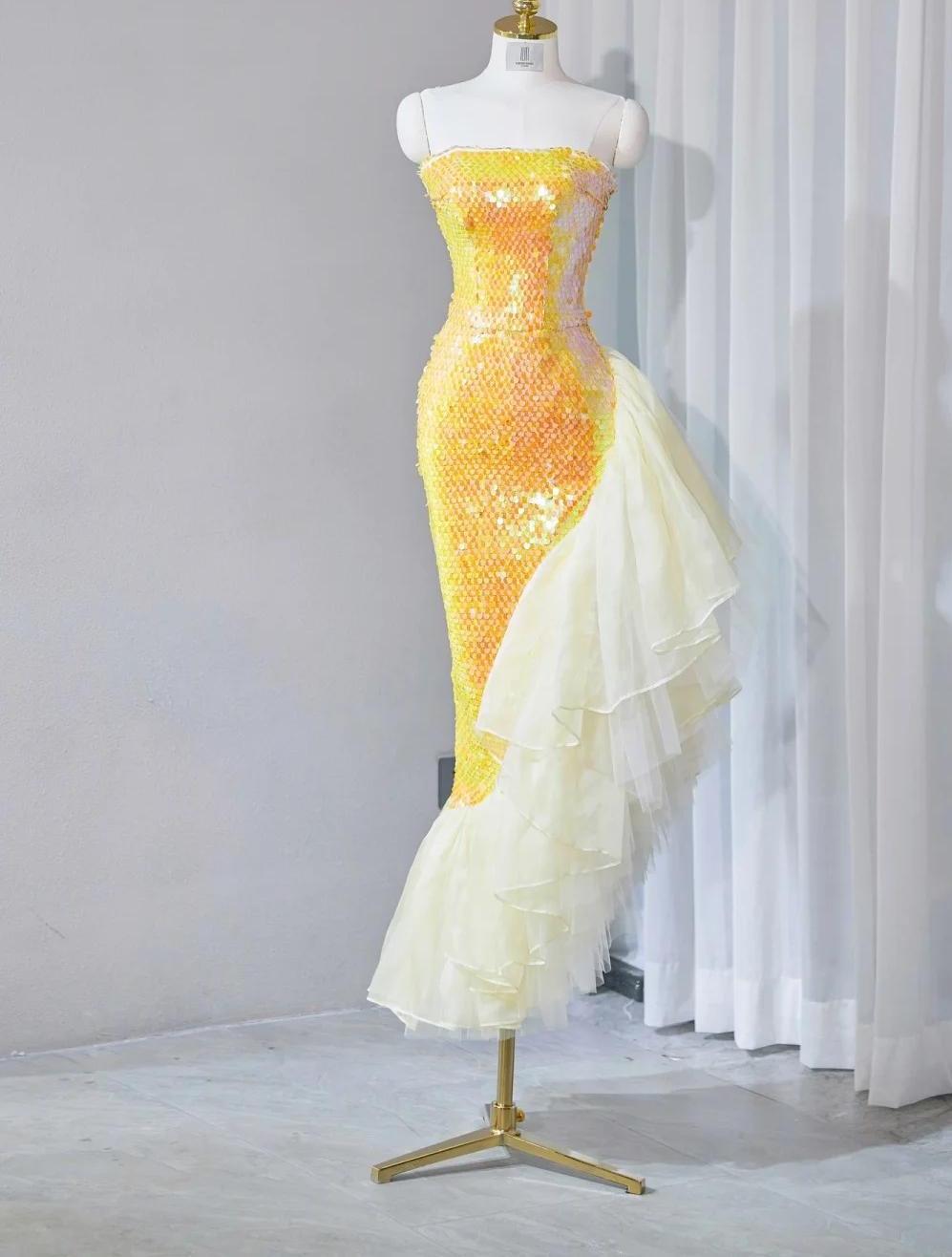 Gorgeous Bright Yellow Strapless Mermaid Sequined Tulle Long Prom Dresses Formal Evening Gowns  RF0770