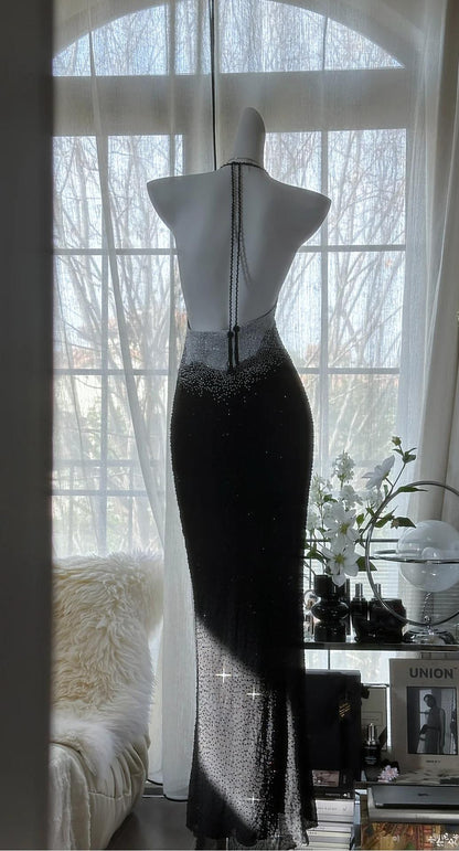 Elegant Black Halter Mermaid Chiffon Beading Long Prom Dresses Vintage Formal Evening Gowns RF0772