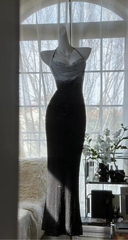 Elegant Black Halter Mermaid Chiffon Beading Long Prom Dresses Vintage Formal Evening Gowns RF0772
