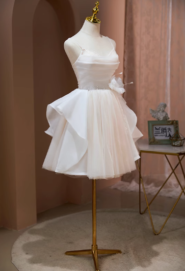 Sweet White Spaghetti Straps A-Line Tulle Short Prom Dresses Homecoming Dresses RF0779